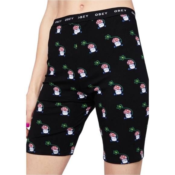 Obey Black Bike Shorts with Mushroom Print - Picture 1 of 7